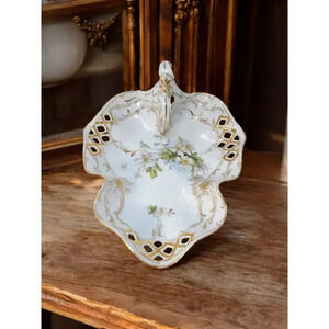 Antique CT Carl Tielsch White Dogwood Serving Dish With Handle